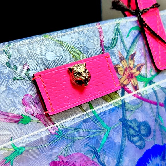 GUCCI Textured Vinyl Flora Printed Tote Bag w/ pink Leather Straps - Picture 8 of 9
